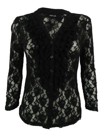 Style Co. Women's Lace Ruched Sleeve Split Neck Blouse - PXS