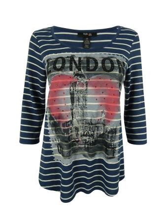 Style Co. Women's Embellished London Print Striped Top - PS