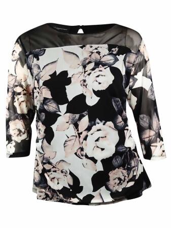 Inc International Concept Women's Ruched Floral Mesh Blouse - PXS