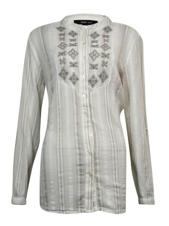 Style Co Women's Embroidered Pinstriped Button Down Blouse - M