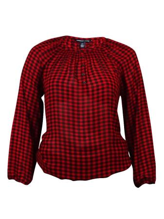 American Living Women's Sheer Plaid Chiffon Peasant Top - L