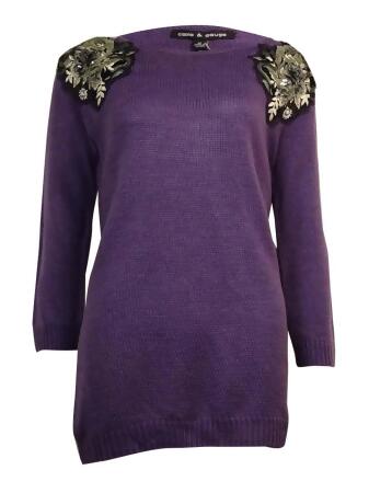 Cable Gauge Women's Sequined Embroidered-Shoulders Sweater - L
