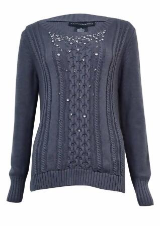 Grace Elements Women's Embellished Cable Hi-Lo Sweater - L