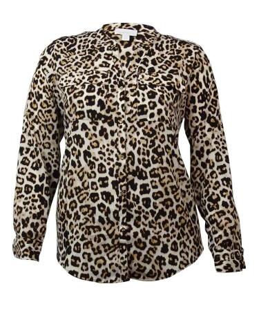 Charter Club Women's Leopard Print Roll-Tab Buttoned Shirt - XL