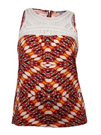 Ny Collection Women's Illusion Crochet Printed Jersey Top - L