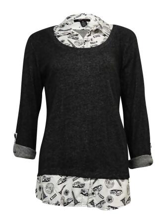 Style Co Women's Layered Print Collar Embellished Blouse - XS