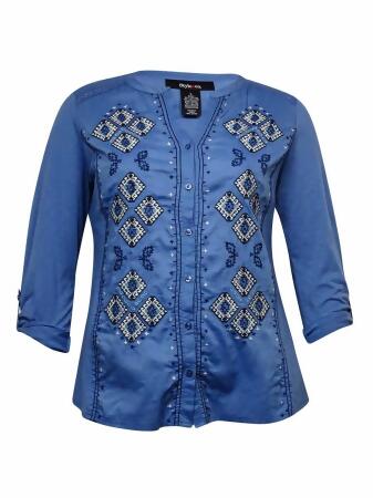 Style Co Women's Must Haves Embroidered Button Down Top - L