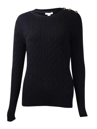 Charter Club Women's Button-Trim Cable Crewneck Sweater - S