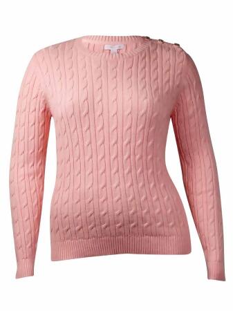 Charter Club Women's Button-Trim Cable Crewneck Sweater - L