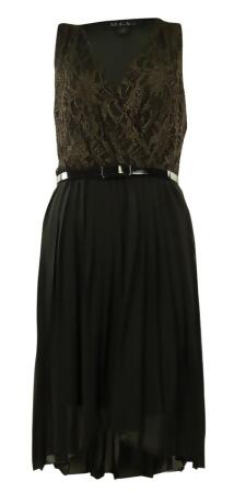 Metallic Lace V-Neck Pleated Hi-Lo Chiffon Belted Dress - 24W