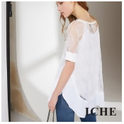 ICHE 衣哲 優雅蕾絲透視拼接五分袖長版上衣 ICHE 衣哲 優雅蕾絲透視拼接五分袖長版上衣
