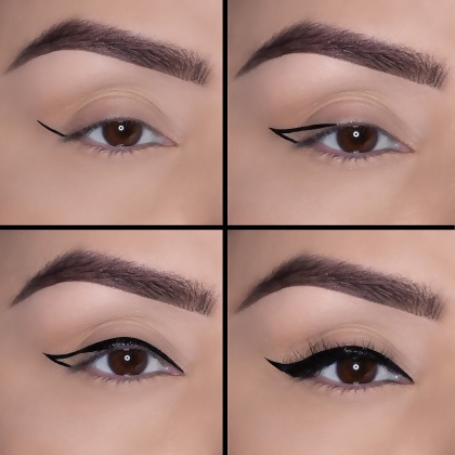 Model in 4 different stages of Motives Precisely The Point Eye Line application