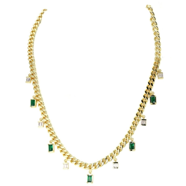 SERENA - Baguette Drop Link Necklace - Gold | Clear & Green