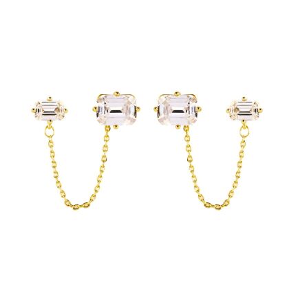 LORENA – Dual Stud Chain Earrings - Gold | Clear