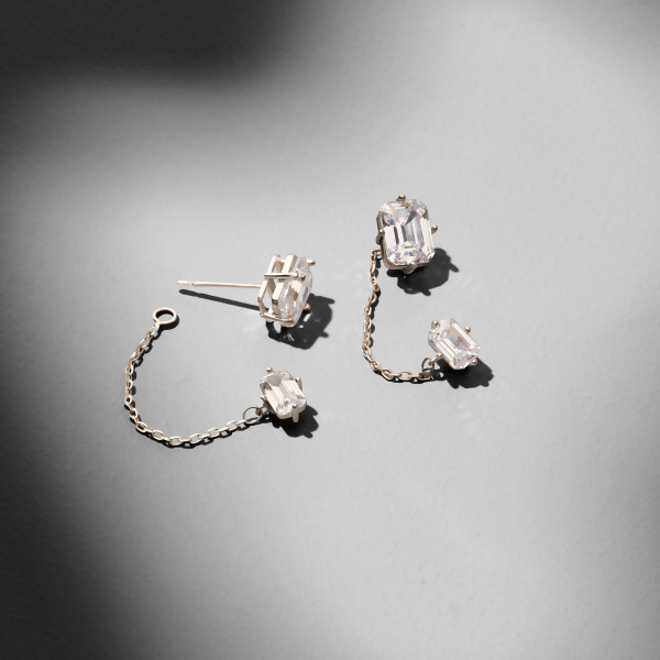 LORENA – Dual Stud Chain Earrings - Silver | Clear