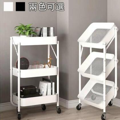 《C&B》可折疊三層網籃推車置物架 