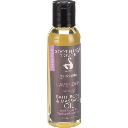 Soothing Touch Bath Body and Massage Oil - Organic - Ayurveda - Lavender - Calming - 4 oz - Lavender is our deeply relaxing blend.  John�s Wort, Green Tea Leaf and the essential oil of Lavender, this blend is perfect for relaxing the body and mind at the end of a stress filled day.  Soothe and moisturize with our unique, Ayurveda...