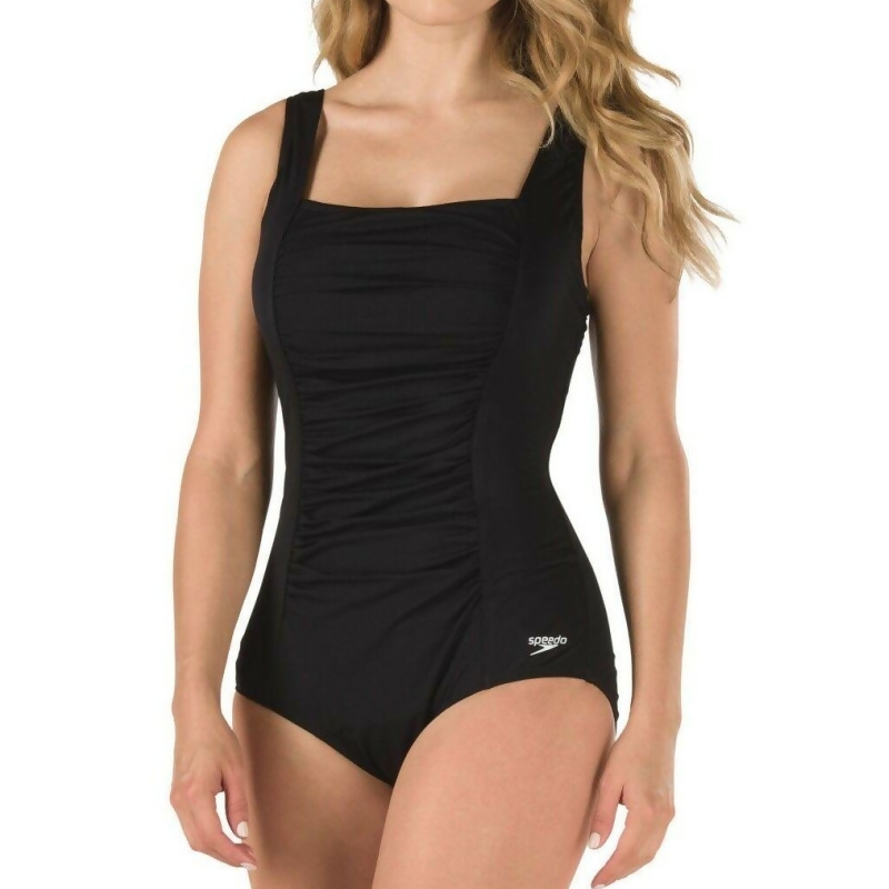 Speedo Black Womens Plus Solid One Piece Ruched Swimwear From