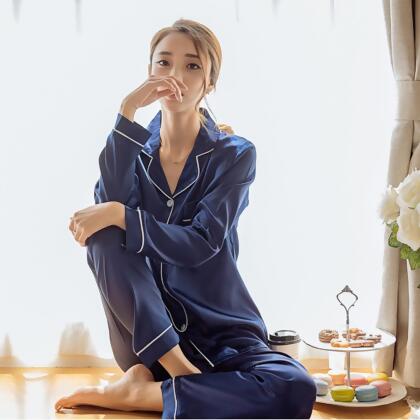  歐美風絲綢絲滑感薄款性感純色睡衣家居服5色 