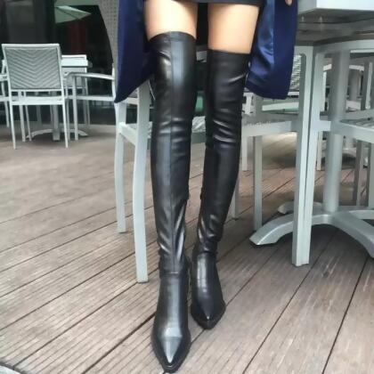 好評超優惠★質感尖頭不掉筒皮革刷毛低跟靴子過膝靴長靴 