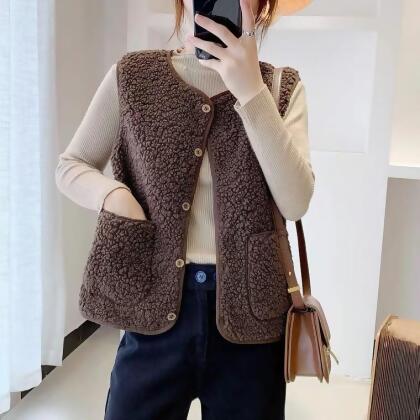 冬季必備羊羔毛扣子百搭背心2色S-XL 