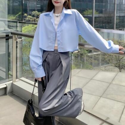 鹽系短版長袖襯衫上衣 