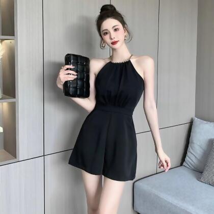 優雅高級感鍊條掛脖小個子削肩口袋連身褲 