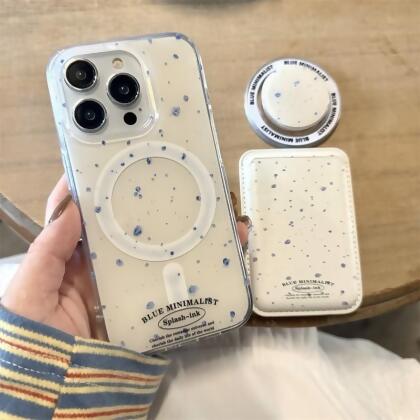 簡約米底藍潑墨磁吸支架卡包全包手機殼(支架卡包加購)IPHONE12/13/14/15/16 