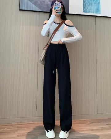 現貨優綠色/小個子S★冷淡風高級感水波紋冰絲闊腿垂感拖地闊腿長褲 