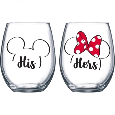 Mickey and Minnie His and Hers Stemless Wine Glass Set 