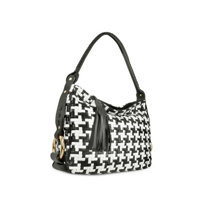 Fontanelli Designer Handbags Black And White Houndstooth Woven Leather Tote Bag