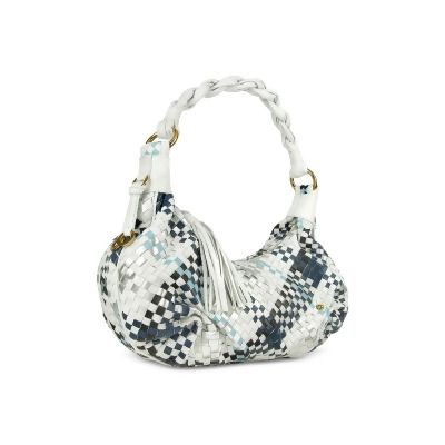 Fontanelli Designer Handbags Blue White Woven Leather East West Hobo Bag