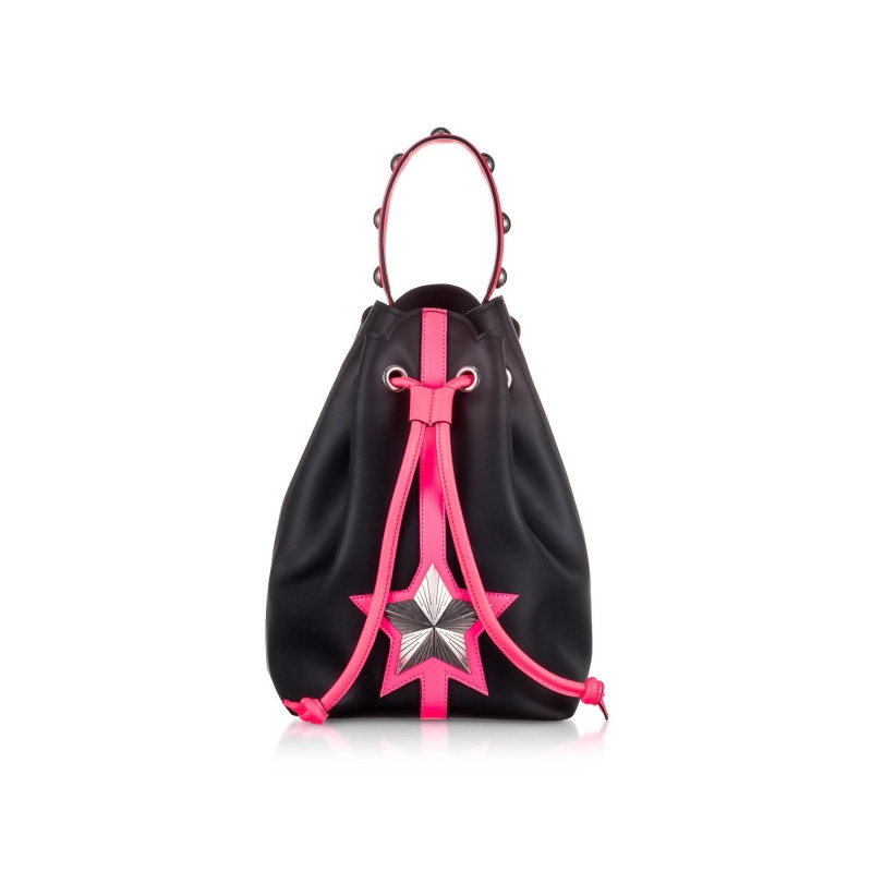 Les Jeunes Etoiles Designer Handbags, Black & Neon Pink Leather Vega Bucket Bag from Forzieri ...