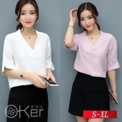 休閒時尚百搭棉麻喇叭袖短袖上衣 S-XL O-Ker歐珂兒 141227-1-C 休閒時尚百搭棉麻喇叭袖短袖上衣 S-XL O-Ker歐珂兒 141227-1-C