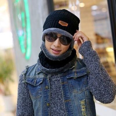 秋冬天保暖防風套頭男女加絨加厚針織毛帽圍脖圍巾包頭帽騎車滑雪帽帽子+圍脖 