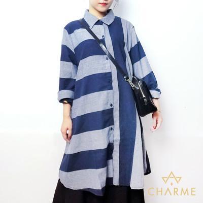 幾何線條拼接棉麻修身長版外套 