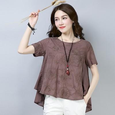 2019夏裝復古大碼文藝亞麻棉麻刺繡短袖t恤女裝寬松舒適透氣上衣1入 