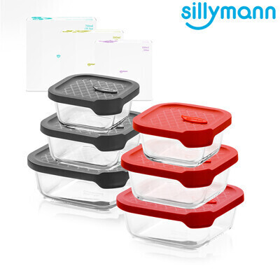 韓國sillymann正方型家庭六件組-100%鉑金矽膠微波烤箱輕量玻璃保鮮盒組 