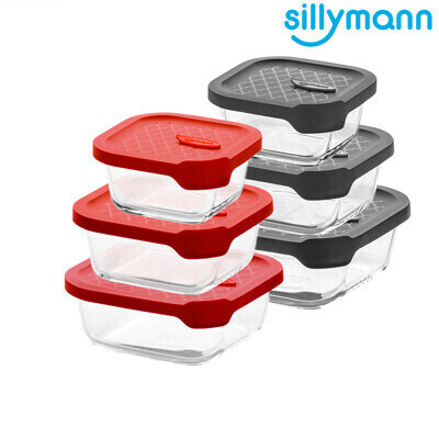 韓國sillymann 正方型三件組-100%鉑金矽膠微波烤箱輕量玻璃保鮮盒組 