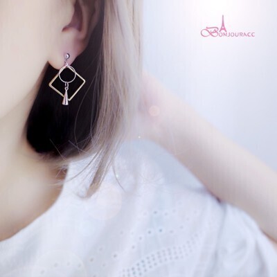 韓國 菱形配色幾何 夾式 針式 925銀針 耳環 bonjouracc - 螺旋耳夾 