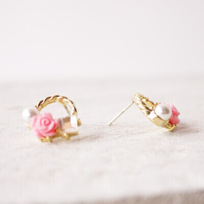 粉紅堂 飾品柔美玫瑰花朵水鑽耳環 粉紅 