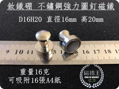 磁鐵王釹鐵硼 強磁 金屬圖釘磁鐵 吸鐵 強力磁鐵 d16h20 直徑16mm 高20mm圖釘磁鐵 