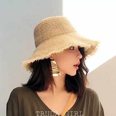 杜達女孩2020新款 可折疊針織漁夫帽 手工草帽 抽鬚邊 編織草帽 遮陽帽 防曬 漁夫帽 編織帽 
