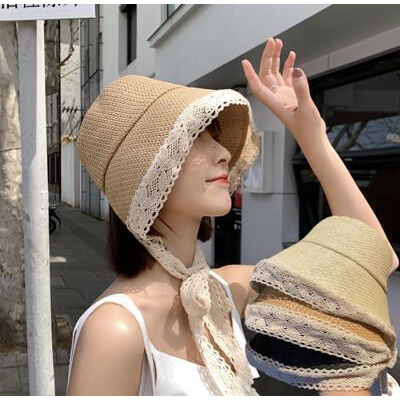 蘿莉帽 蕾絲緞帶草帽 夏天渡假 防曬遮陽帽子 