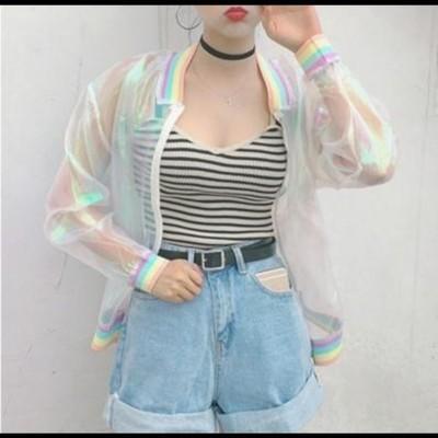 七彩色彩虹領歐根紗顯瘦蝙蝠寬鬆外套棒球衫防曬服女 
