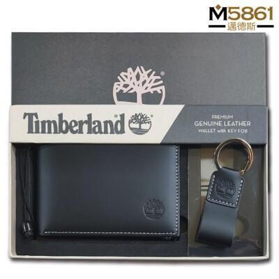 timberland男皮夾 短夾 牛皮夾 零錢袋 多卡夾+鑰匙圈套組 品牌盒裝+原廠提袋黑色 