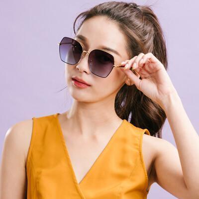 韓潮街拍時尚墨羽藍金框幾何造型墨鏡uv400太陽眼鏡alegant 