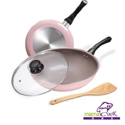 義大利 mama cook綻粉陶瓷不沾鍋具組-炒鍋+平底鍋 