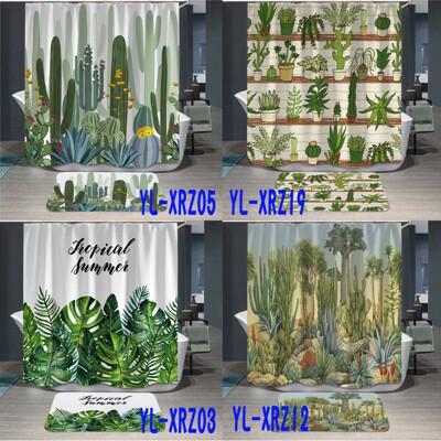 居家寶盒寬180x180cm植物仙人掌浴簾 亞馬遜數碼印花浴簾 滌綸防水 免打孔遮擋隔斷簾 窗簾 