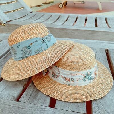 夏季雪紡織帶麥稈草帽小清新平頂禮帽防曬遮陽沙灘帽平頂草帽子 